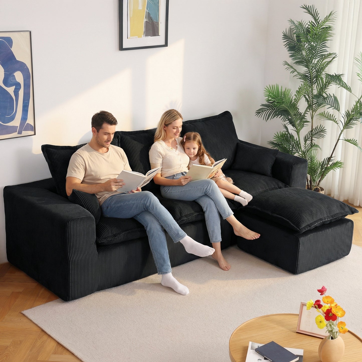 DOPEDIO 107" Cloud Modular Sectional Sofa with Ottoman & L-Shaped Chaise, Deep Seat Boneless Couch in a Box for Living Room, Upholstered Comfy Sofa, No Assembly Required,Black