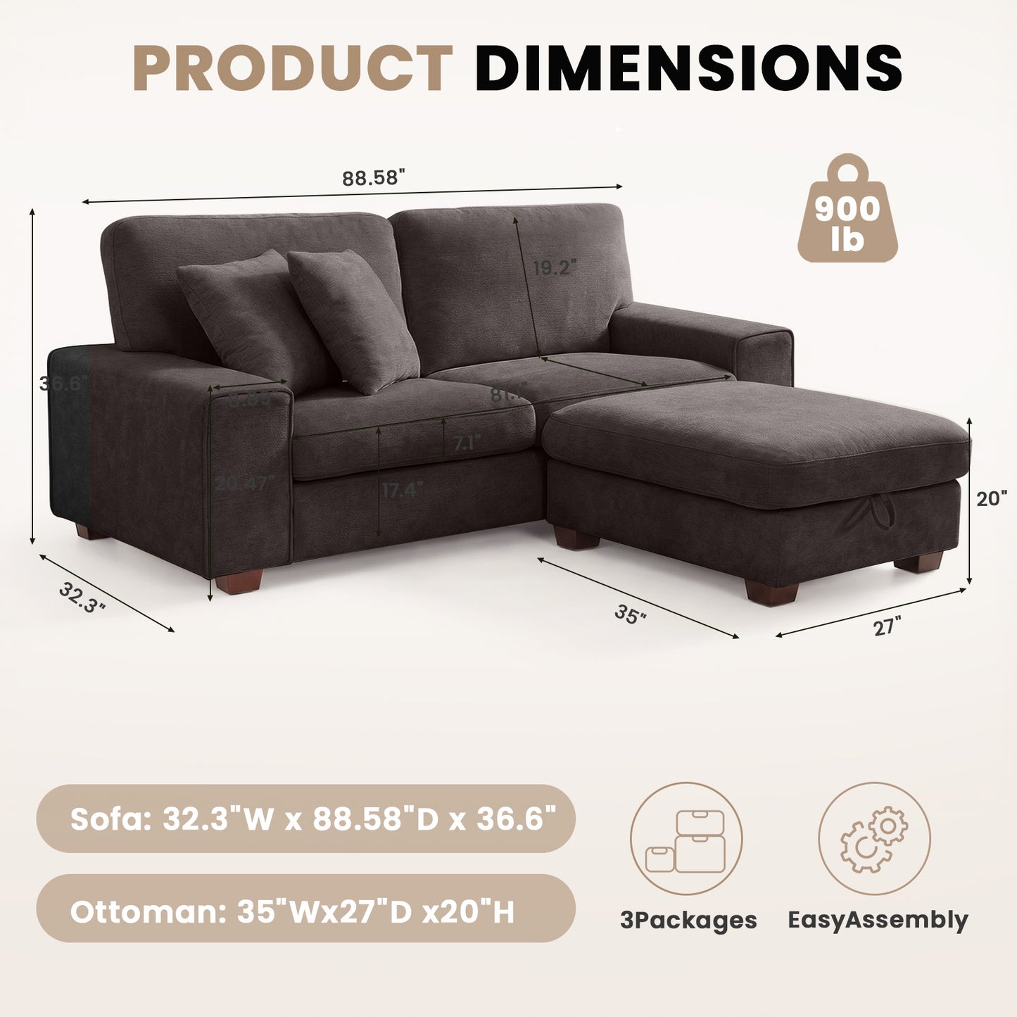 DOPEDIO L-Shaped Sectional Sofa with Storage Ottoman, Modern Chenille Recliner Loveseat, Removable Couch Covers, Pocket Spring Cushions, Solid Wood Frame, Easy to Install (88.58inch, Dark Grey)