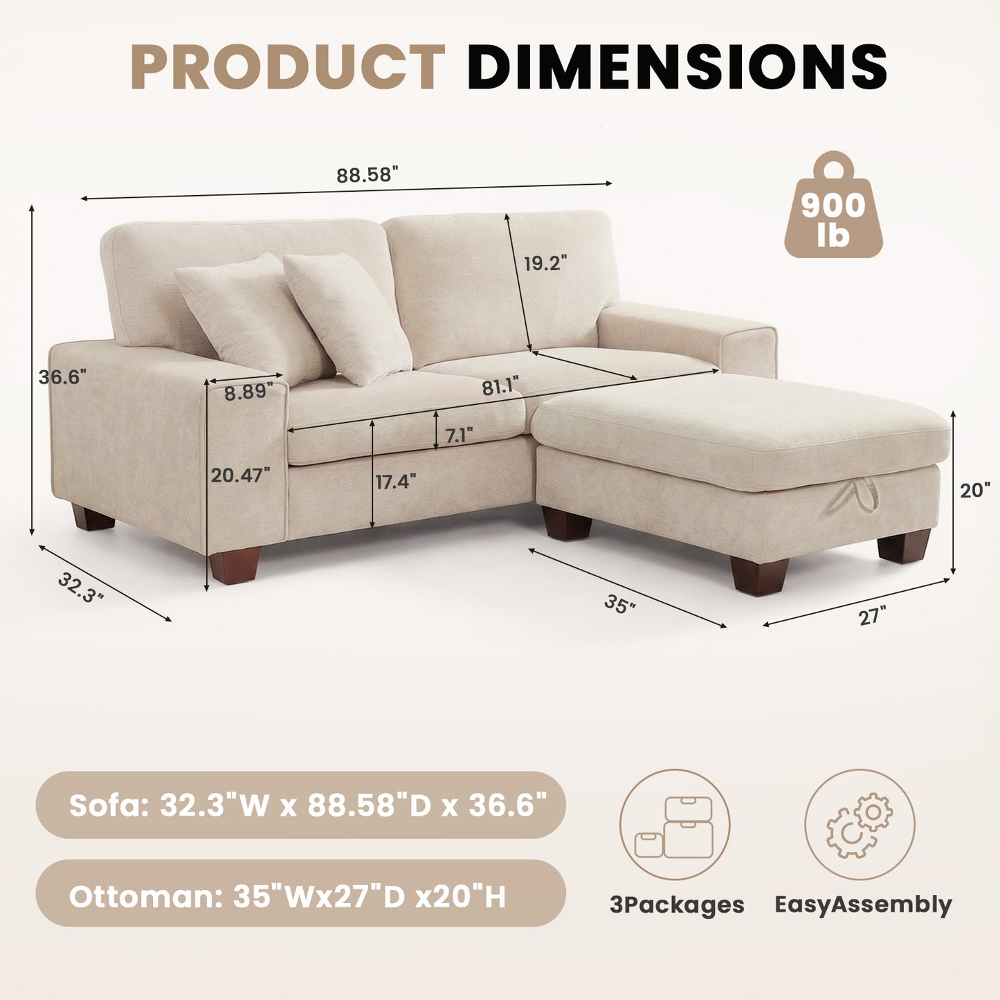 DOPEDIO L-Shaped Sectional Sofa with Storage Ottoman, Modern Chenille Recliner Loveseat, Removable Couch Covers, Pocket Spring Cushions, Solid Wood Frame, Easy to Install (88.58inch, Beige)