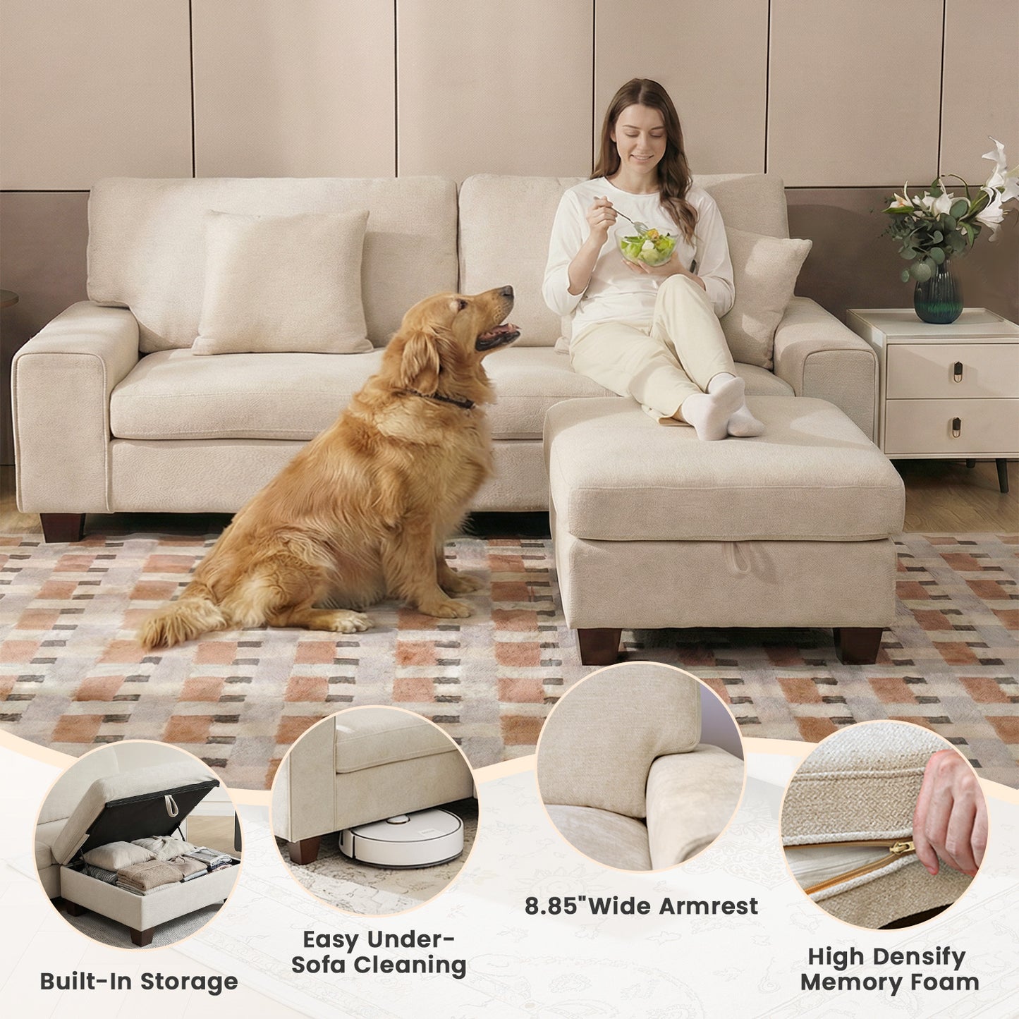 DOPEDIO L-Shaped Sectional Sofa with Storage Ottoman, Modern Chenille Recliner Loveseat, Removable Couch Covers, Pocket Spring Cushions, Solid Wood Frame, Easy to Install (88.58inch, Beige)