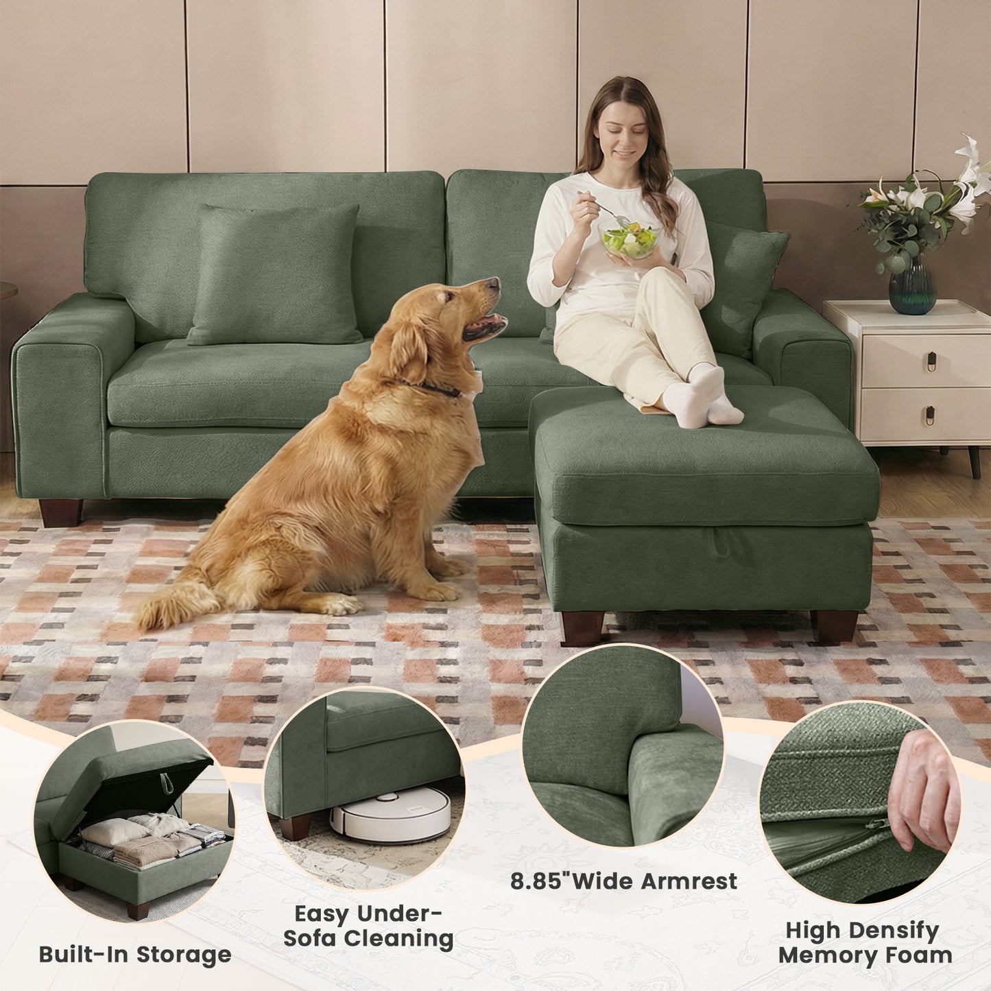 DOPEDIO L-Shaped Sectional Sofa with Storage Ottoman, Modern Chenille Recliner Loveseat, Removable Couch Covers, Pocket Spring Cushions, Solid Wood Frame, Easy to Install (88.58inch, Green)