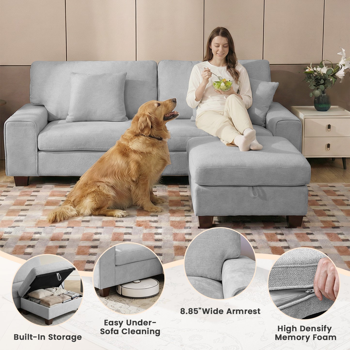 DOPEDIO L-Shaped Sectional Sofa with Storage Ottoman, Modern Chenille Recliner Loveseat, Removable Couch Covers, Pocket Spring Cushions, Solid Wood Frame, Easy to Install (88.58inch, Light Gray)