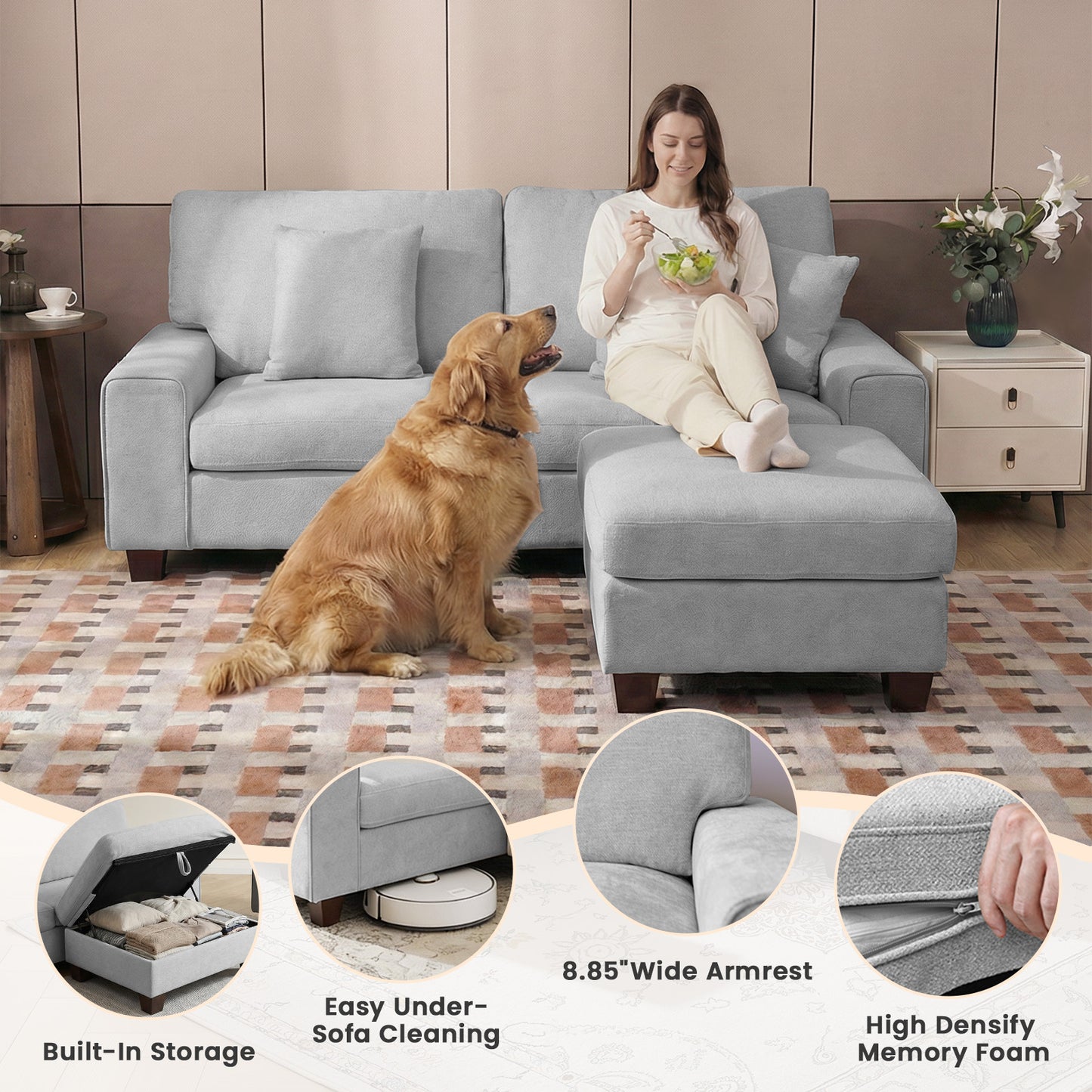 DOPEDIO L-Shaped Sectional Sofa with Storage Ottoman, Modern Chenille Recliner Loveseat, Removable Couch Covers, Pocket Spring Cushions, Solid Wood Frame, Easy to Install (71.25inch, Light Gray)
