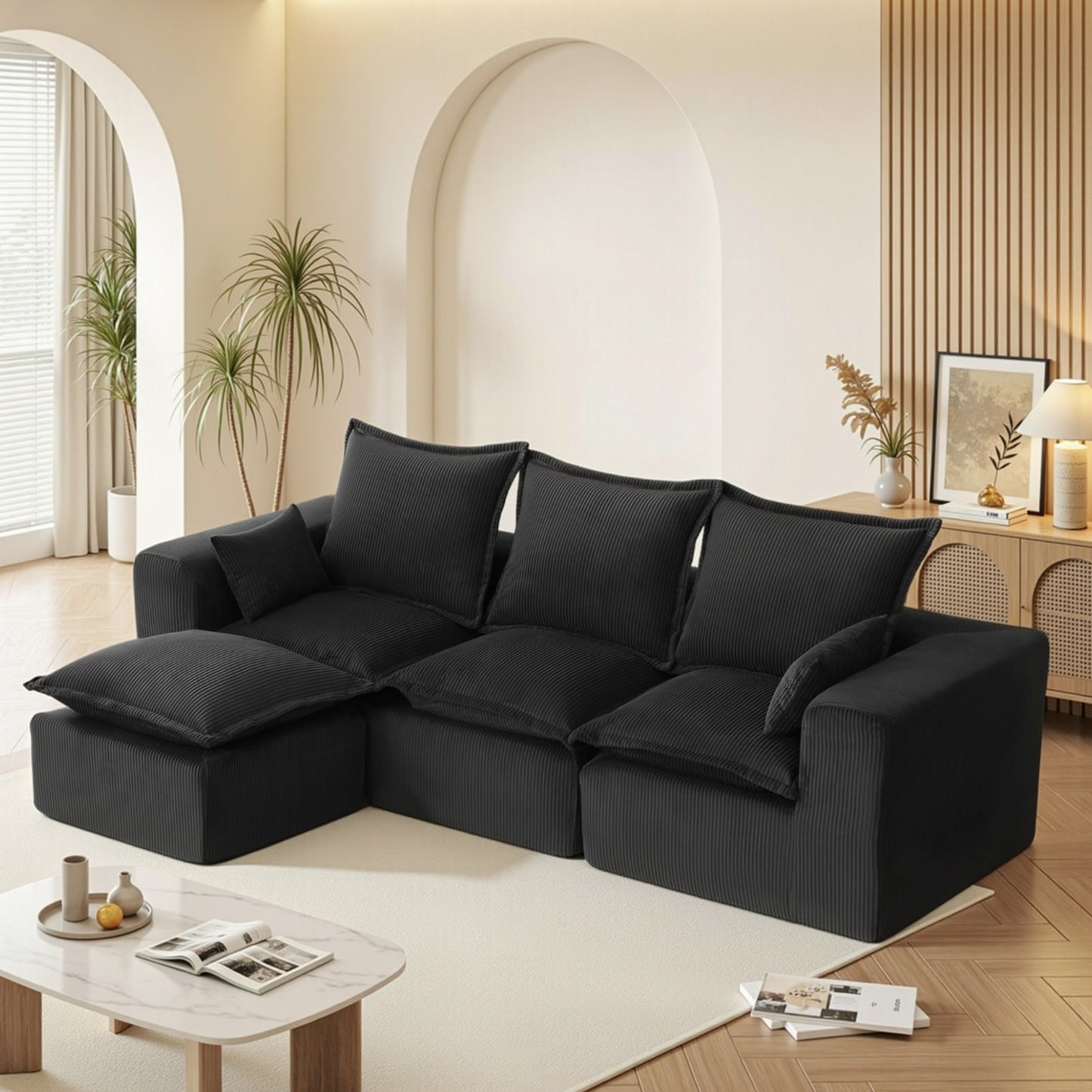 DOPEDIO 107" Cloud Modular Sectional Sofa with Ottoman & L-Shaped Chaise, Deep Seat Boneless Couch in a Box for Living Room, Upholstered Comfy Sofa, No Assembly Required,Black