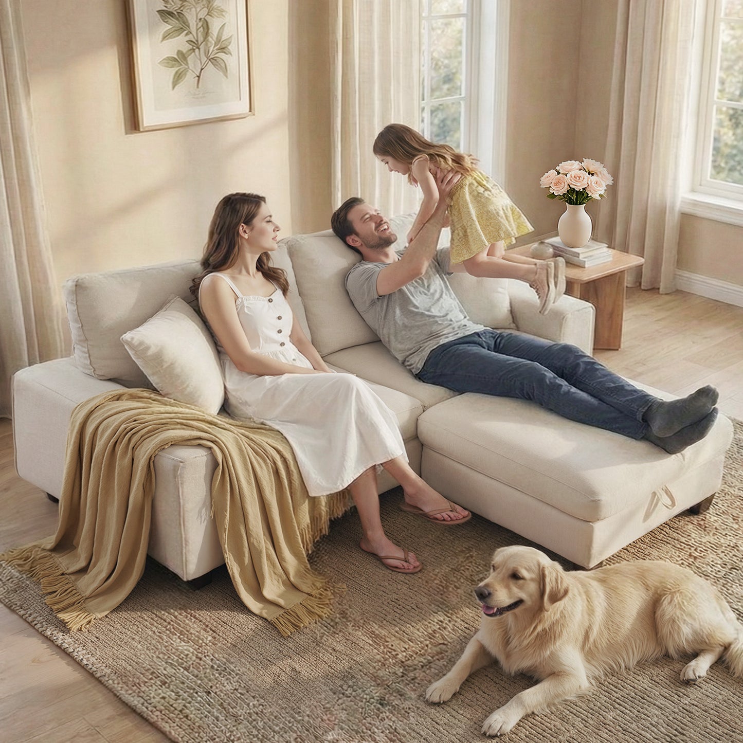 DOPEDIO L-Shaped Sectional Sofa with Storage Ottoman, Modern Chenille Recliner Loveseat, Removable Couch Covers, Pocket Spring Cushions, Solid Wood Frame, Easy to Install (88.58inch, Beige)
