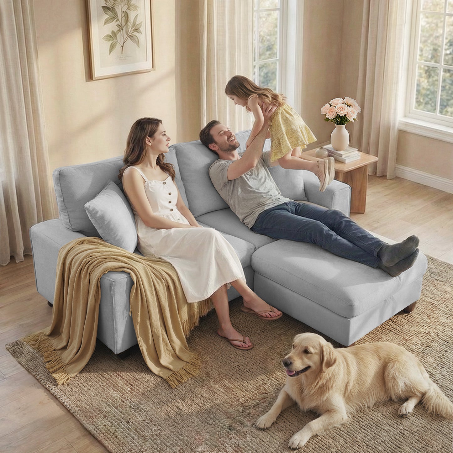DOPEDIO L-Shaped Sectional Sofa with Storage Ottoman, Modern Chenille Recliner Loveseat, Removable Couch Covers, Pocket Spring Cushions, Solid Wood Frame, Easy to Install (71.25inch, Light Gray)