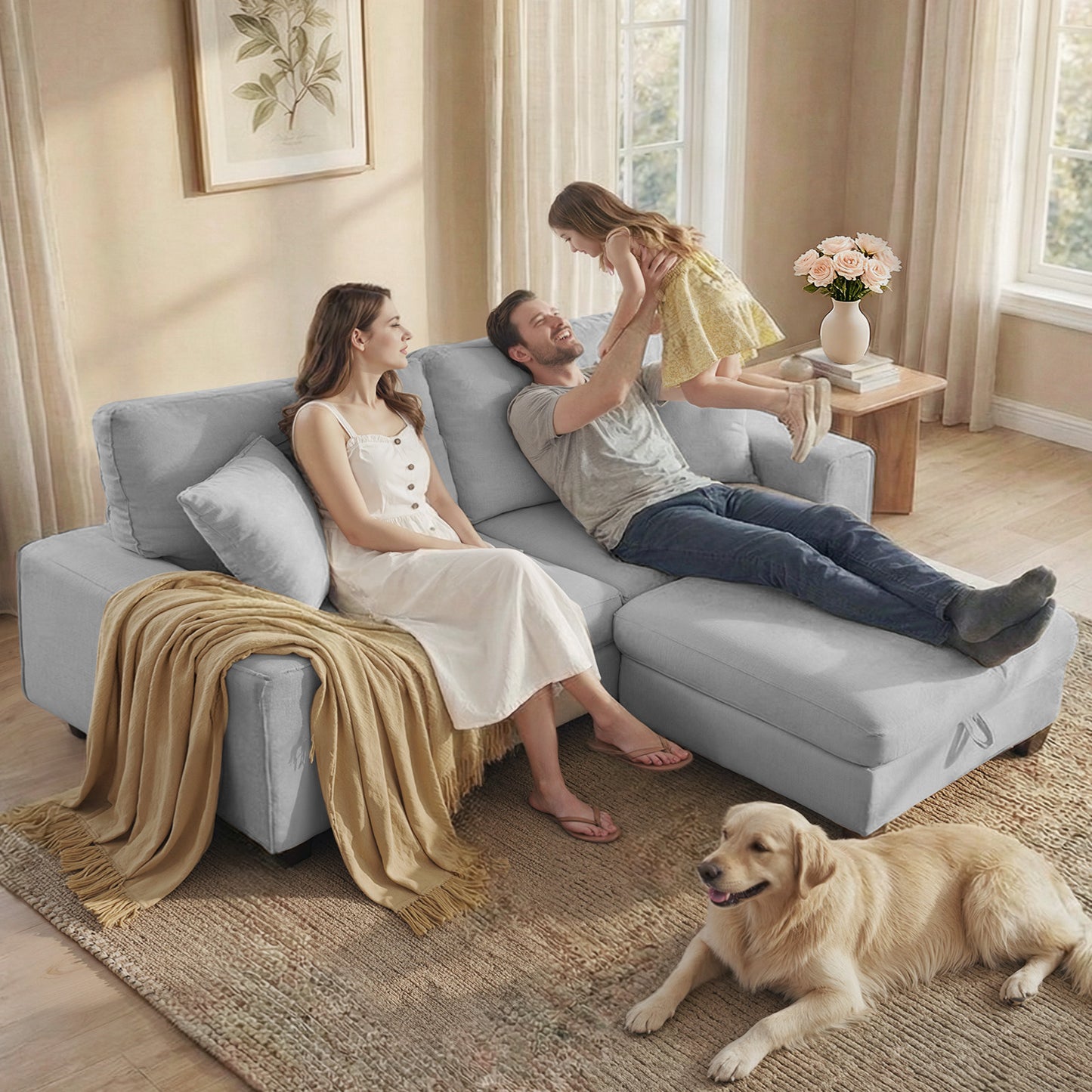 DOPEDIO L-Shaped Sectional Sofa with Storage Ottoman, Modern Chenille Recliner Loveseat, Removable Couch Covers, Pocket Spring Cushions, Solid Wood Frame, Easy to Install (88.58inch, Light Gray)