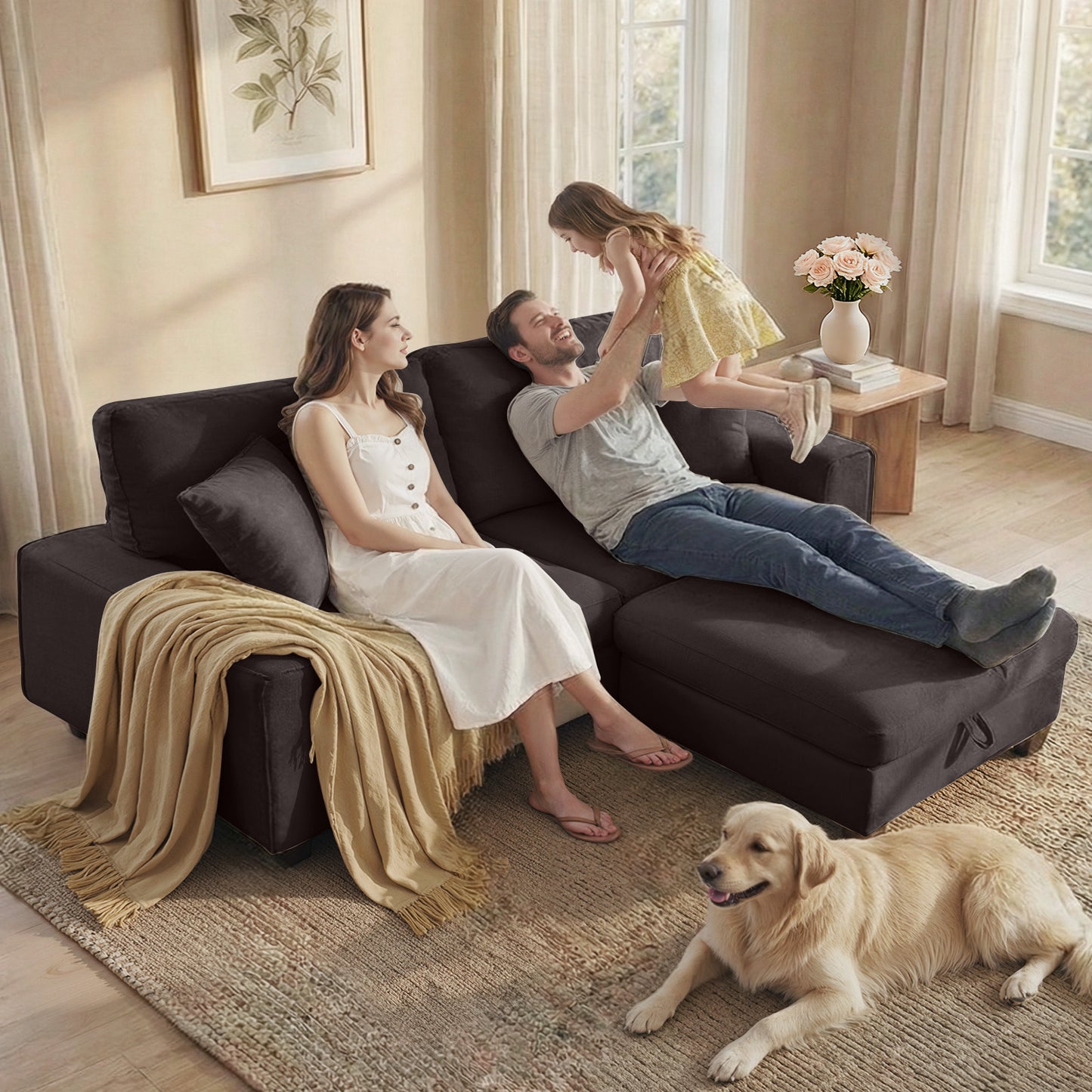 DOPEDIO L-Shaped Sectional Sofa with Storage Ottoman, Modern Chenille Recliner Loveseat, Removable Couch Covers, Pocket Spring Cushions, Solid Wood Frame, Easy to Install (88.58inch, Dark Grey)