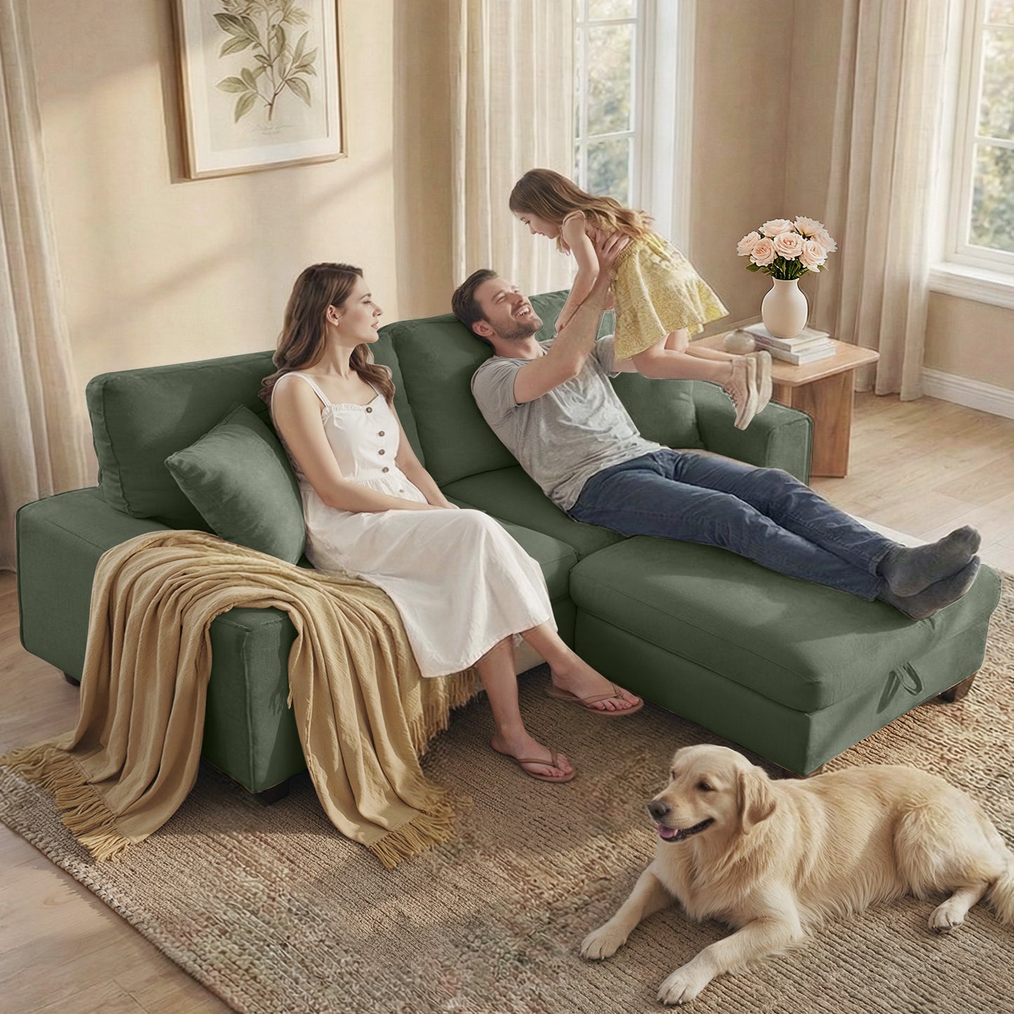 DOPEDIO L-Shaped Sectional Sofa with Storage Ottoman, Modern Chenille Recliner Loveseat, Removable Couch Covers, Pocket Spring Cushions, Solid Wood Frame, Easy to Install (88.58inch, Green)