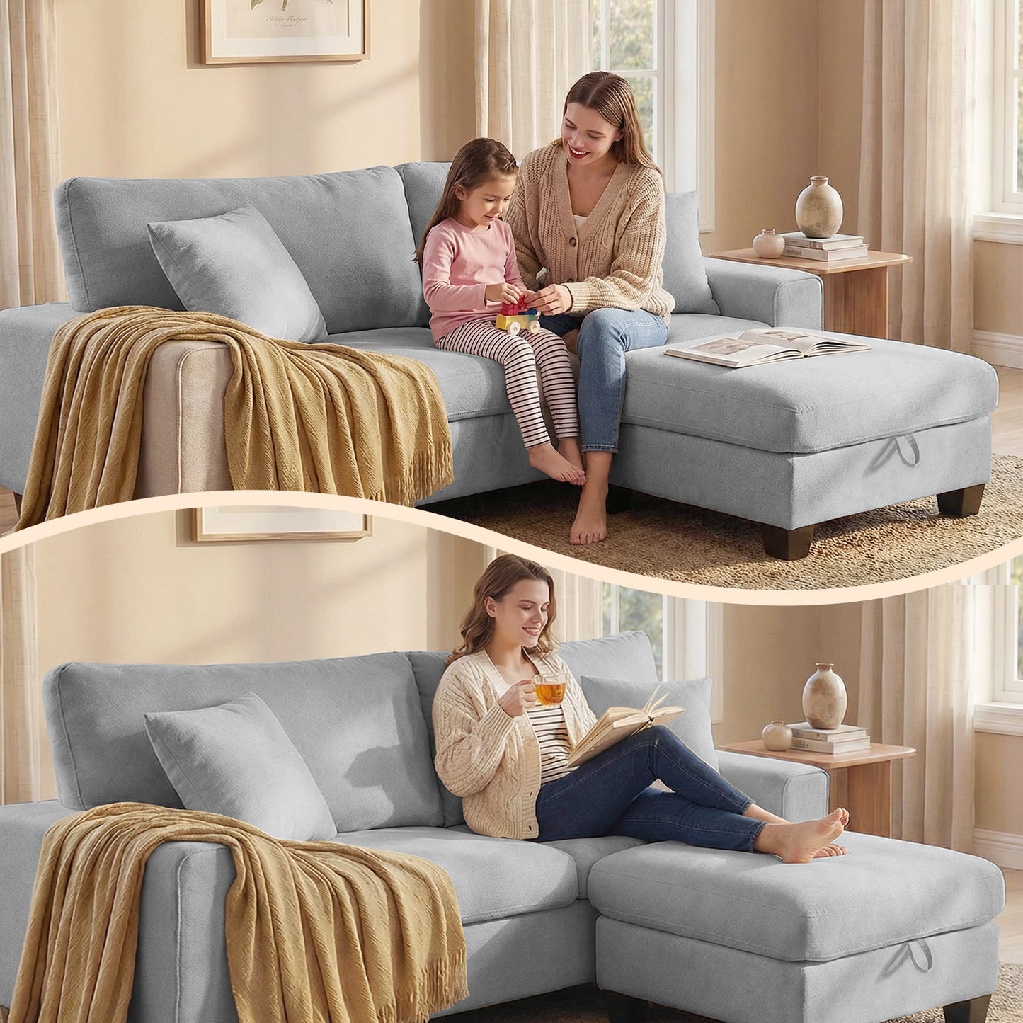 DOPEDIO L-Shaped Sectional Sofa with Storage Ottoman, Modern Chenille Recliner Loveseat, Removable Couch Covers, Pocket Spring Cushions, Solid Wood Frame, Easy to Install (88.58inch, Light Gray)