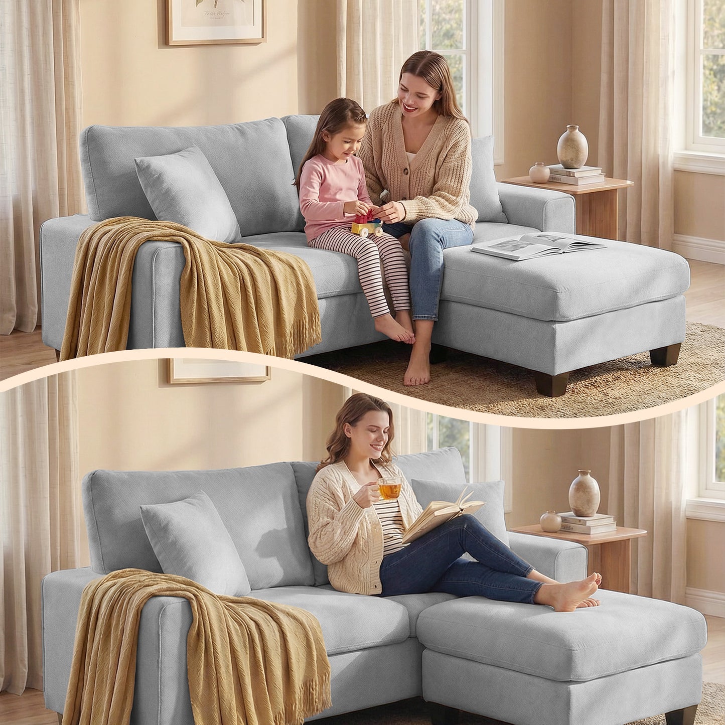 DOPEDIO L-Shaped Sectional Sofa with Storage Ottoman, Modern Chenille Recliner Loveseat, Removable Couch Covers, Pocket Spring Cushions, Solid Wood Frame, Easy to Install (71.25inch, Light Gray)