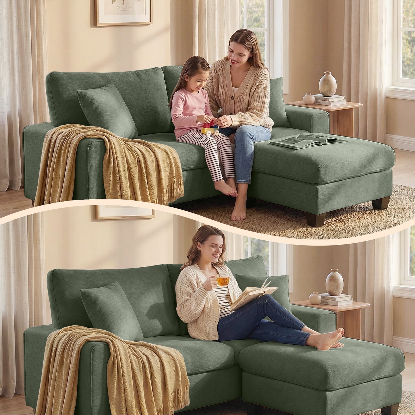 DOPEDIO L-Shaped Sectional Sofa with Storage Ottoman, Modern Chenille Recliner Loveseat, Removable Couch Covers, Pocket Spring Cushions, Solid Wood Frame, Easy to Install (71.25inch, Green)