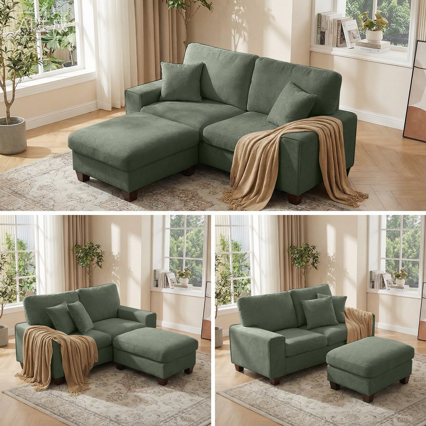 DOPEDIO L-Shaped Sectional Sofa with Storage Ottoman, Modern Chenille Recliner Loveseat, Removable Couch Covers, Pocket Spring Cushions, Solid Wood Frame, Easy to Install (71.25inch, Green)