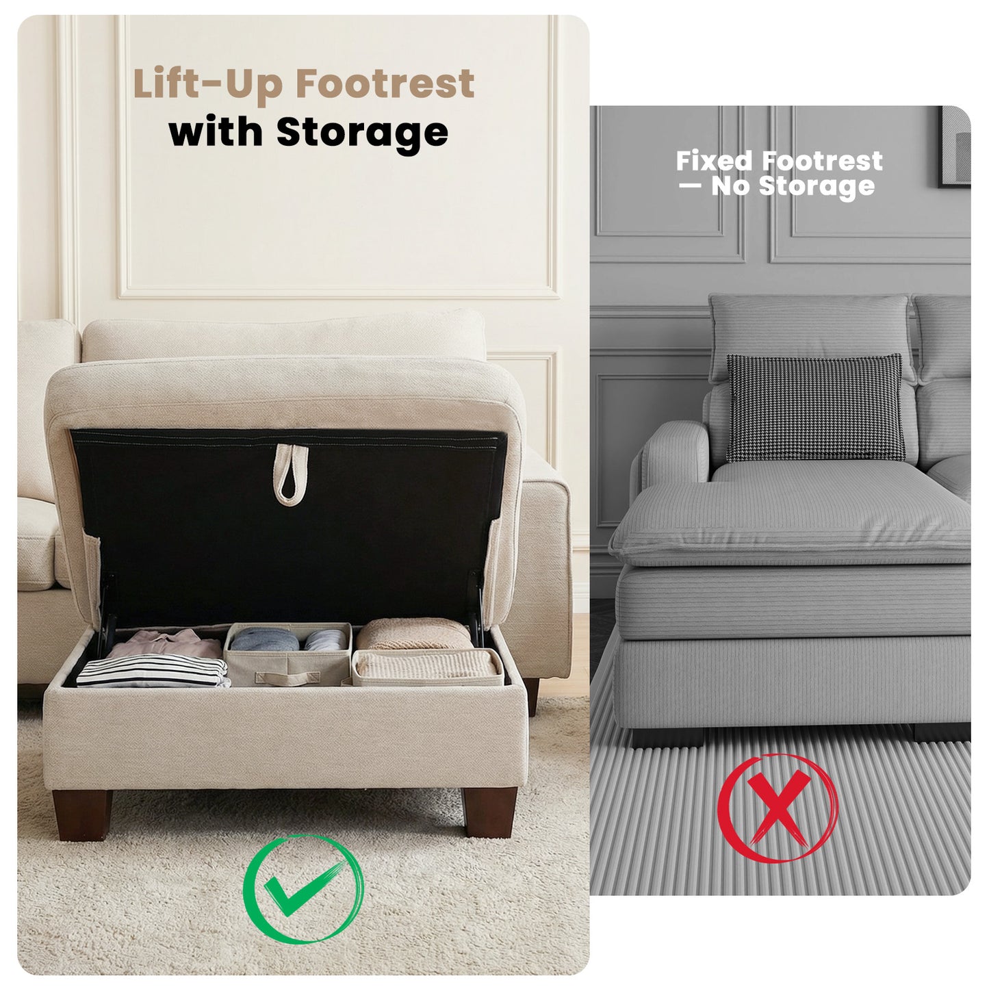 DOPEDIO L-Shaped Sectional Sofa with Storage Ottoman, Modern Chenille Recliner Loveseat, Removable Couch Covers, Pocket Spring Cushions, Solid Wood Frame, Easy to Install (88.58inch, Beige)