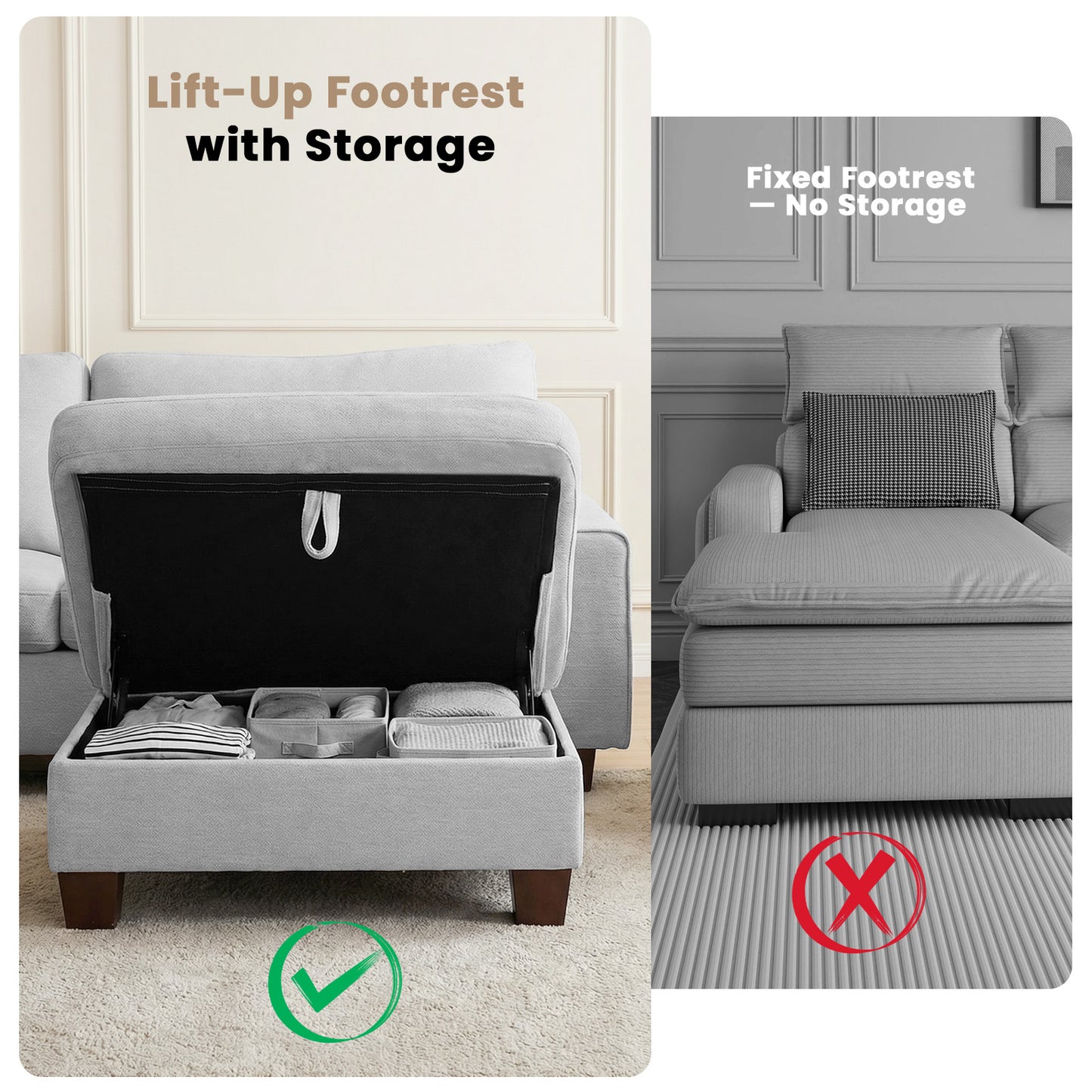 DOPEDIO L-Shaped Sectional Sofa with Storage Ottoman, Modern Chenille Recliner Loveseat, Removable Couch Covers, Pocket Spring Cushions, Solid Wood Frame, Easy to Install (71.25inch, Light Gray)