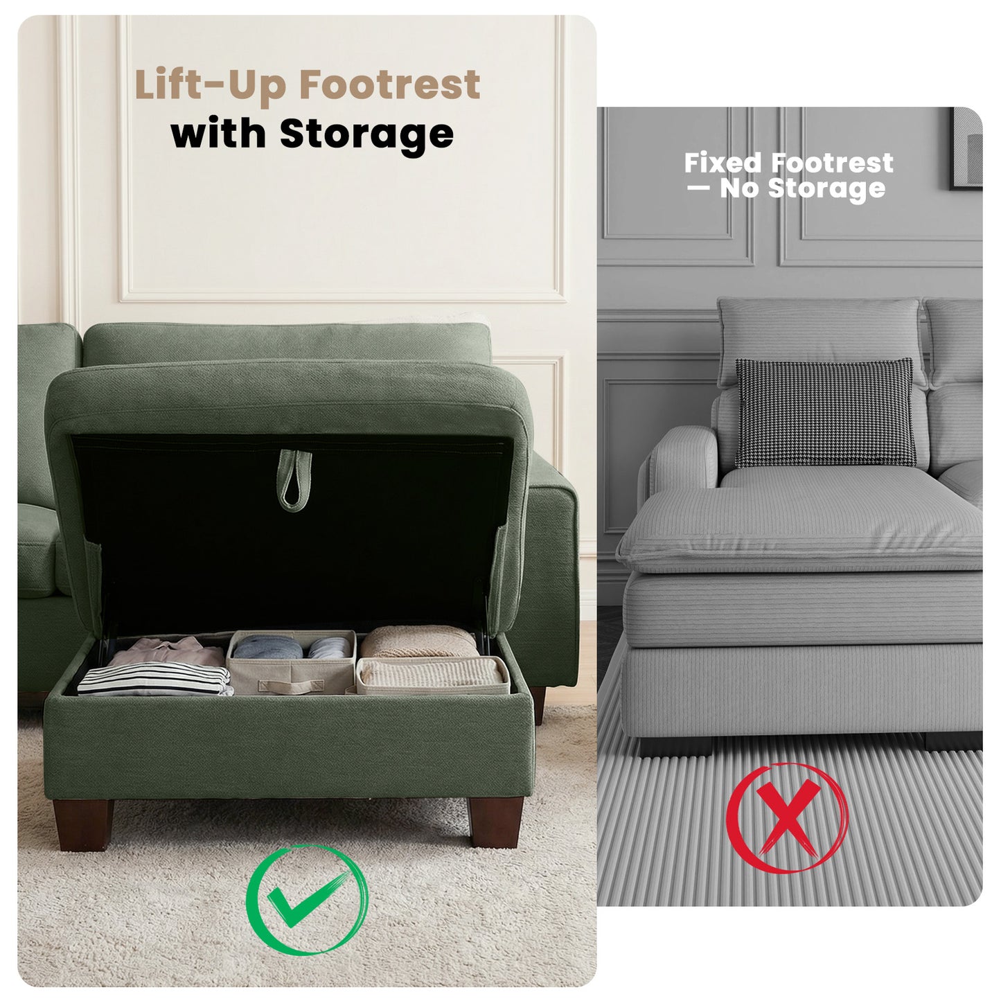 DOPEDIO L-Shaped Sectional Sofa with Storage Ottoman, Modern Chenille Recliner Loveseat, Removable Couch Covers, Pocket Spring Cushions, Solid Wood Frame, Easy to Install (88.58inch, Green)