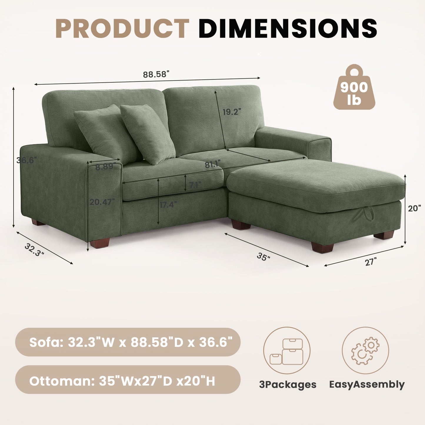 DOPEDIO L-Shaped Sectional Sofa with Storage Ottoman, Modern Chenille Recliner Loveseat, Removable Couch Covers, Pocket Spring Cushions, Solid Wood Frame, Easy to Install (88.58inch, Green)