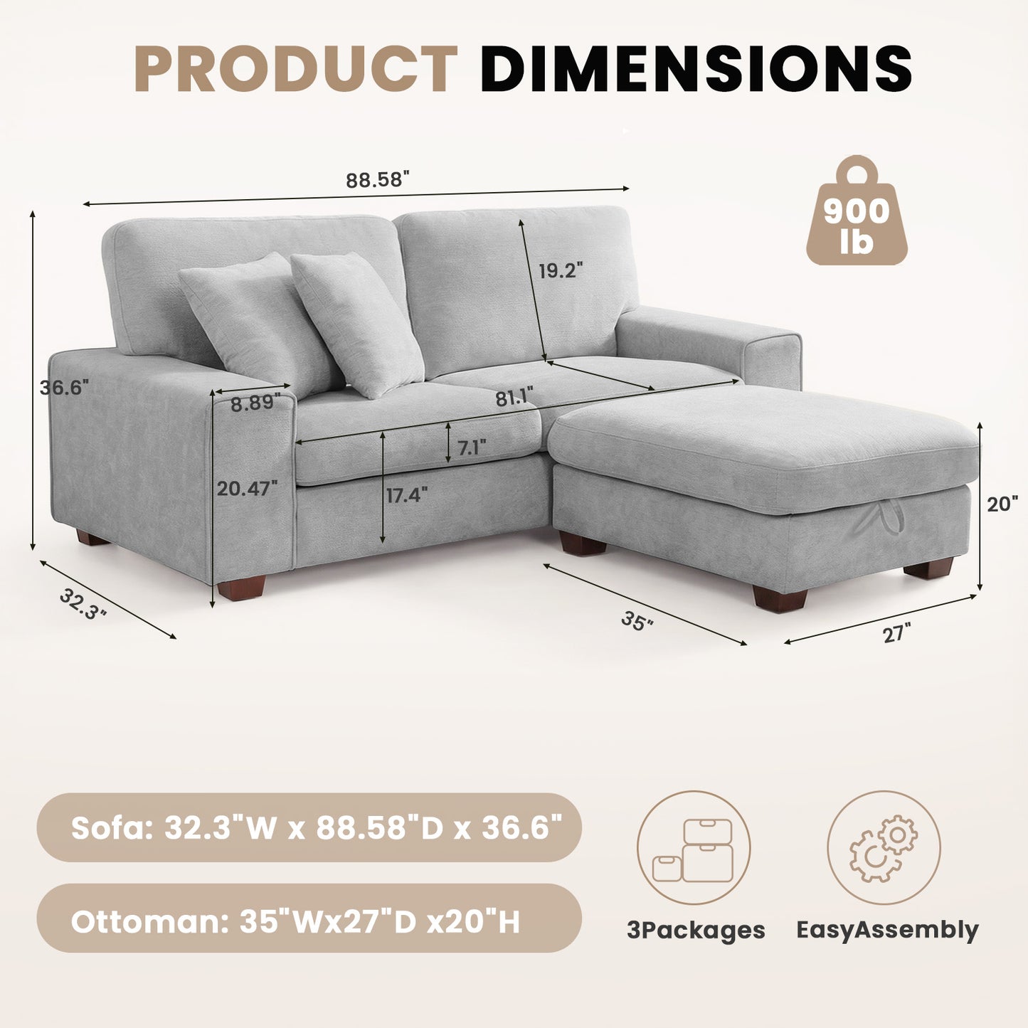 DOPEDIO L-Shaped Sectional Sofa with Storage Ottoman, Modern Chenille Recliner Loveseat, Removable Couch Covers, Pocket Spring Cushions, Solid Wood Frame, Easy to Install (88.58inch, Light Gray)