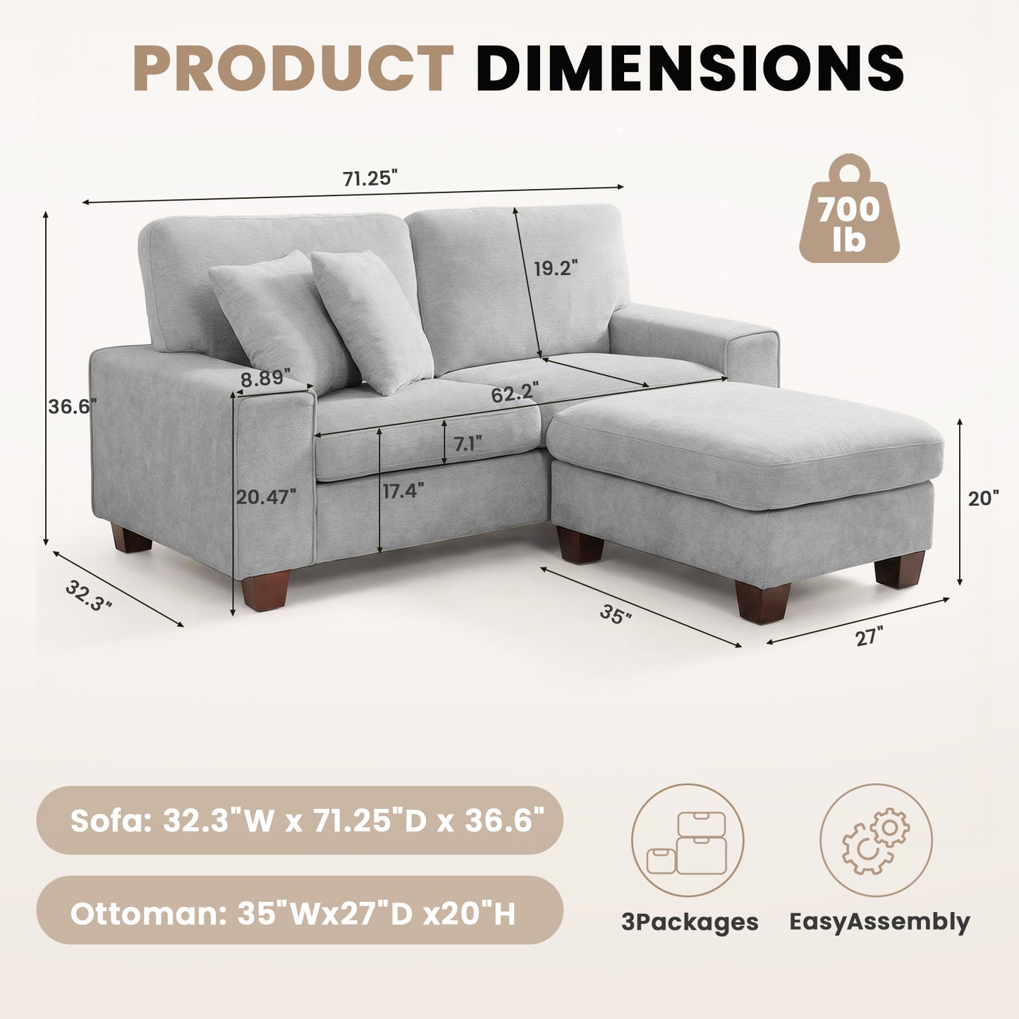 DOPEDIO L-Shaped Sectional Sofa with Storage Ottoman, Modern Chenille Recliner Loveseat, Removable Couch Covers, Pocket Spring Cushions, Solid Wood Frame, Easy to Install (71.25inch, Light Gray)