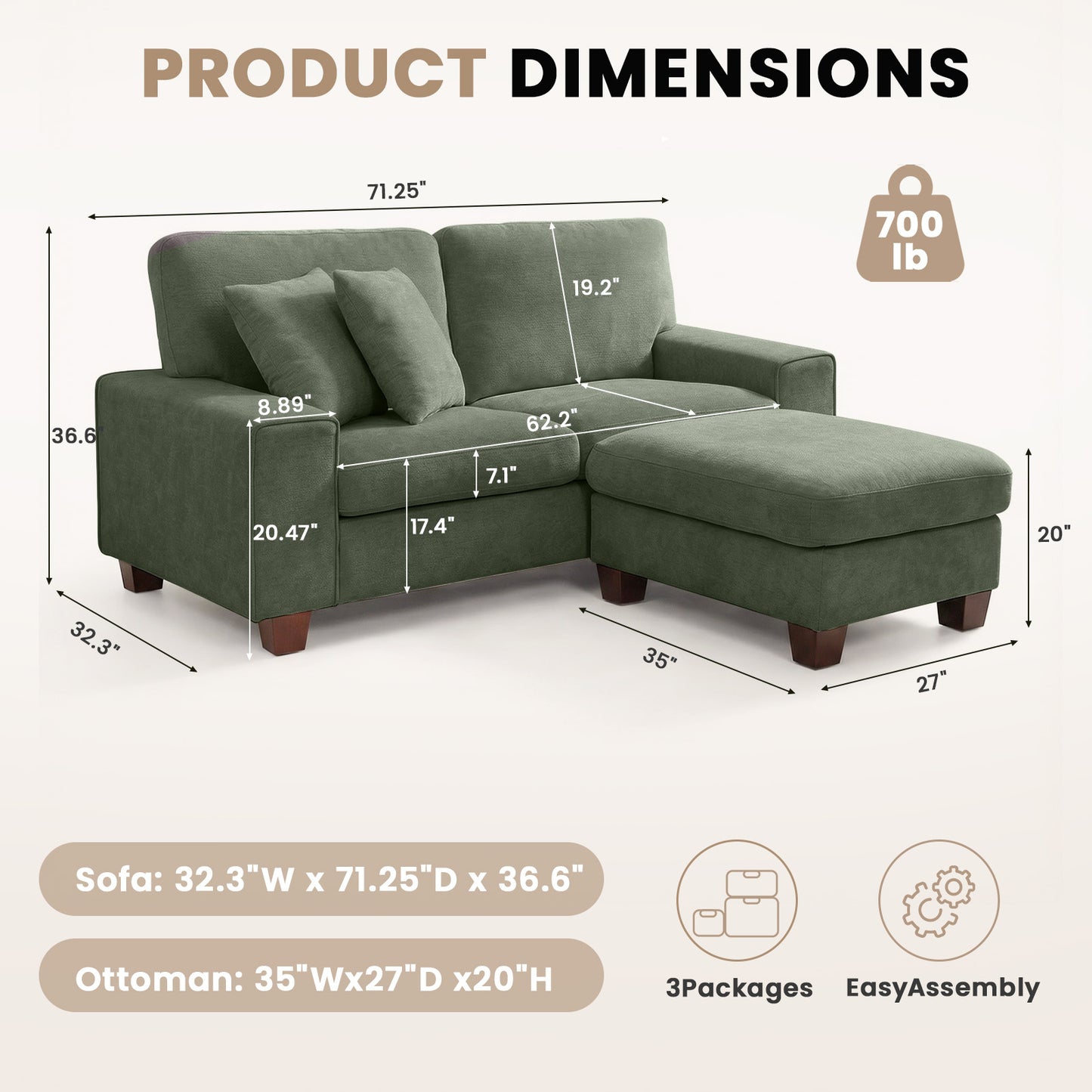 DOPEDIO L-Shaped Sectional Sofa with Storage Ottoman, Modern Chenille Recliner Loveseat, Removable Couch Covers, Pocket Spring Cushions, Solid Wood Frame, Easy to Install (71.25inch, Green)