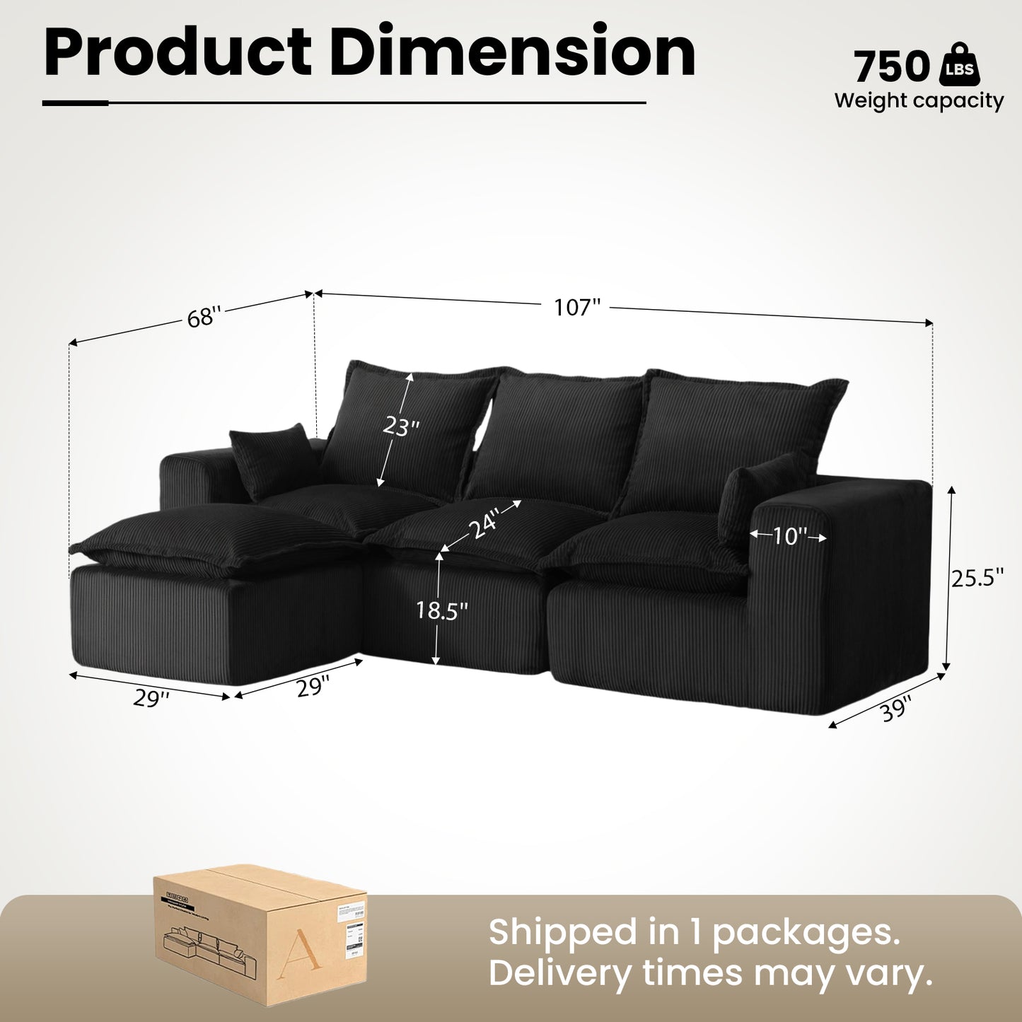 DOPEDIO 107" Cloud Modular Sectional Sofa with Ottoman & L-Shaped Chaise, Deep Seat Boneless Couch in a Box for Living Room, Upholstered Comfy Sofa, No Assembly Required,Black