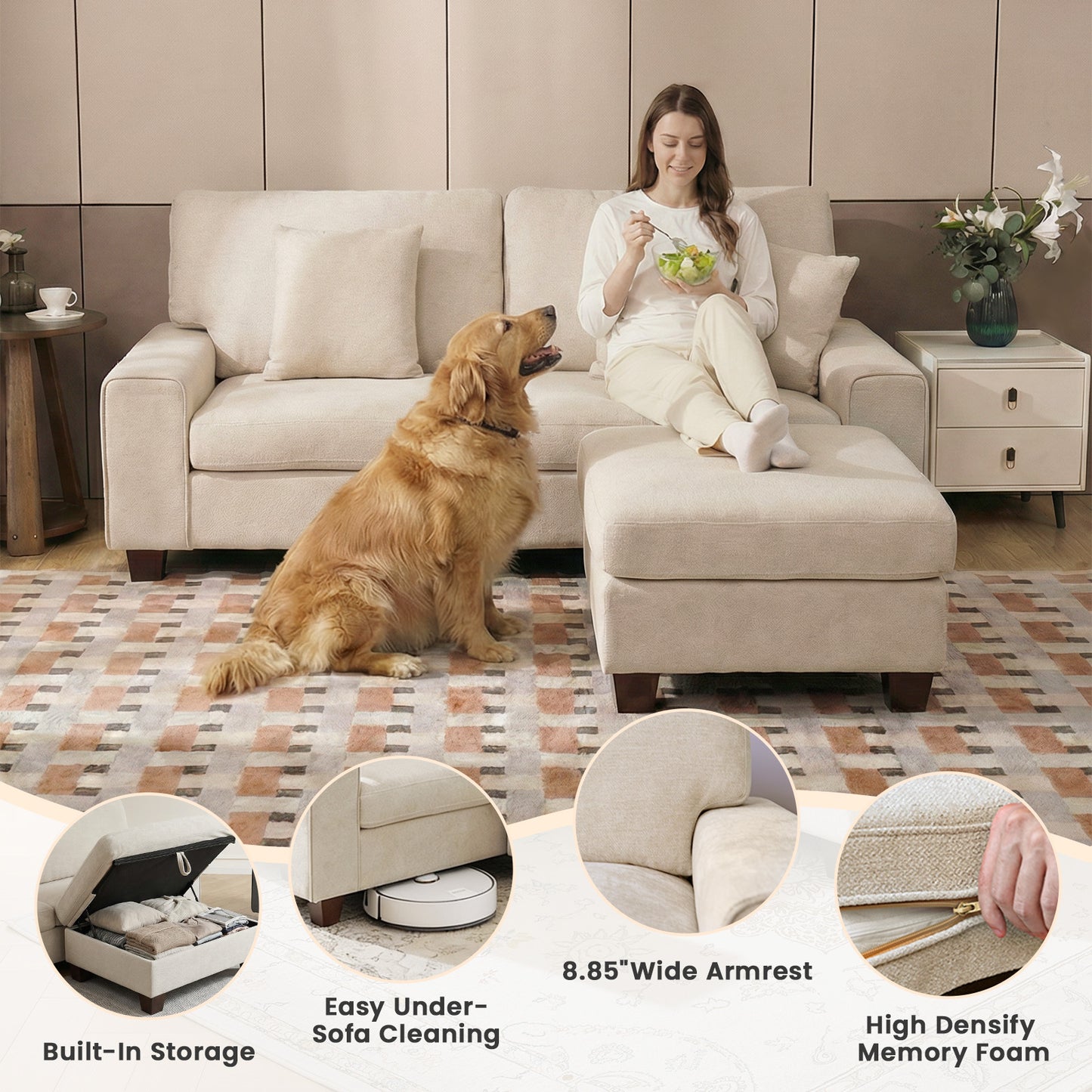 DOPEDIO L-Shaped Sectional Sofa with Storage Ottoman, Modern Chenille Recliner Loveseat, Removable Couch Covers, Pocket Spring Cushions, Solid Wood Frame, Easy to Install (71.25inch, Beige)