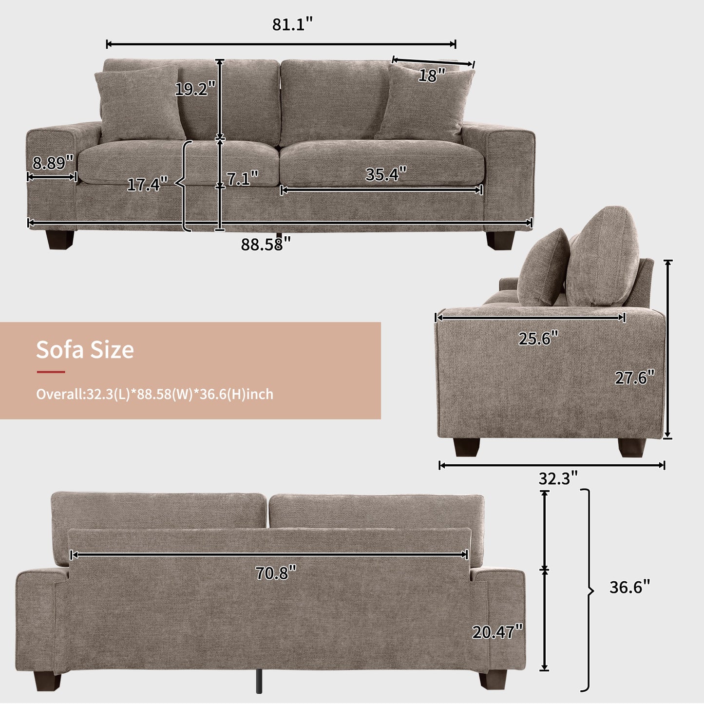 DOPEDIO Modern Loveseat Sofa for Living Room,Chenille Recliner, Removable Cover, Spring Cushions, Solid Wood Frame, Easy Assembly for Small Spaces (88.58inch，Brown)
