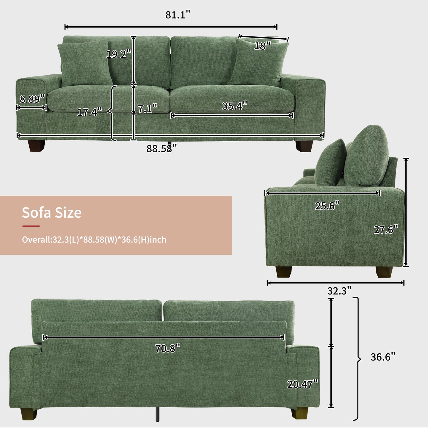 DOPEDIO Modern Loveseat Sofa for Living Room,Chenille Recliner, Removable Cover, Spring Cushions, Solid Wood Frame, Easy Assembly for Small Spaces (88.58inch，Green)