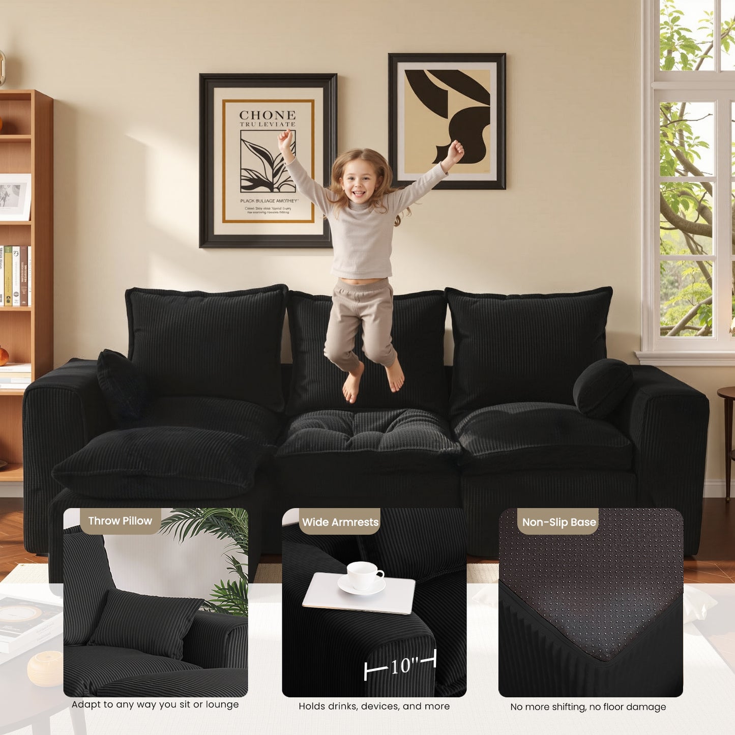 DOPEDIO 107" Cloud Modular Sectional Sofa with Ottoman & L-Shaped Chaise, Deep Seat Boneless Couch in a Box for Living Room, Upholstered Comfy Sofa, No Assembly Required,Black