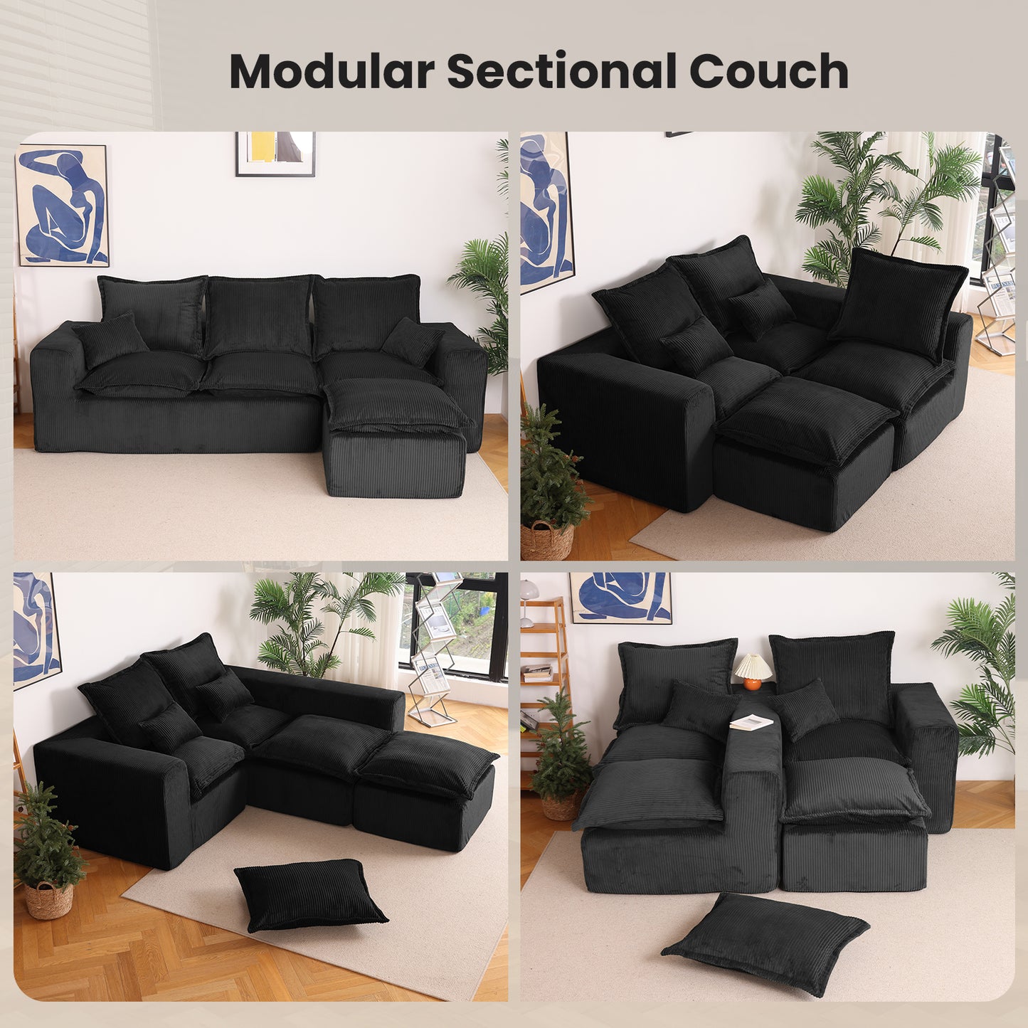DOPEDIO 107" Cloud Modular Sectional Sofa with Ottoman & L-Shaped Chaise, Deep Seat Boneless Couch in a Box for Living Room, Upholstered Comfy Sofa, No Assembly Required,Black