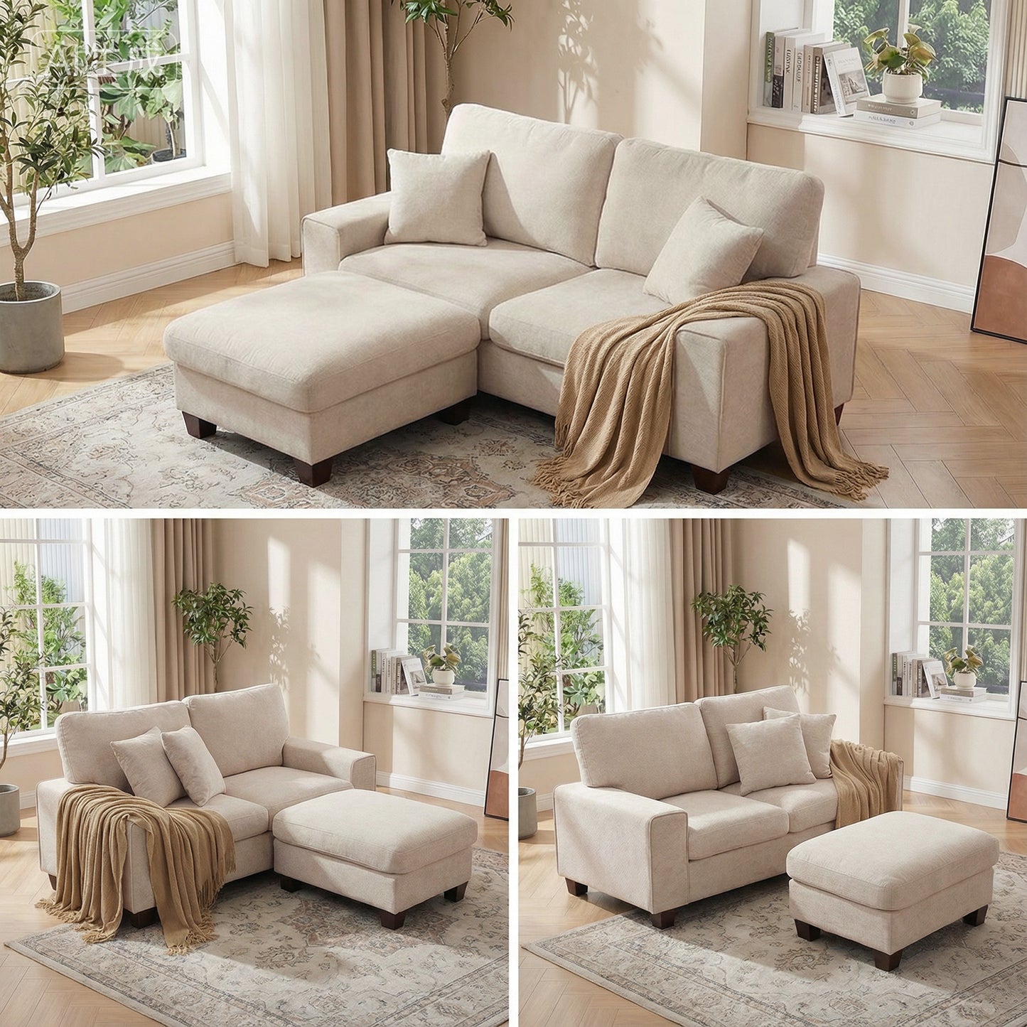 DOPEDIO L-Shaped Sectional Sofa with Storage Ottoman, Modern Chenille Recliner Loveseat, Removable Couch Covers, Pocket Spring Cushions, Solid Wood Frame, Easy to Install (71.25inch, Beige)